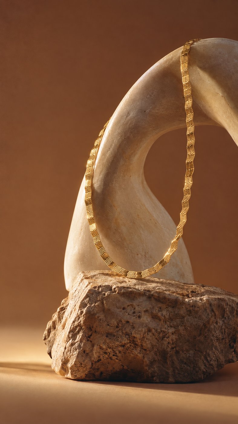 Corrente dourada achatada apoiada em escultura de pedra em arco