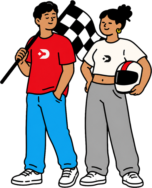 Ilustração de dupla de criadores com bandeira quadriculada