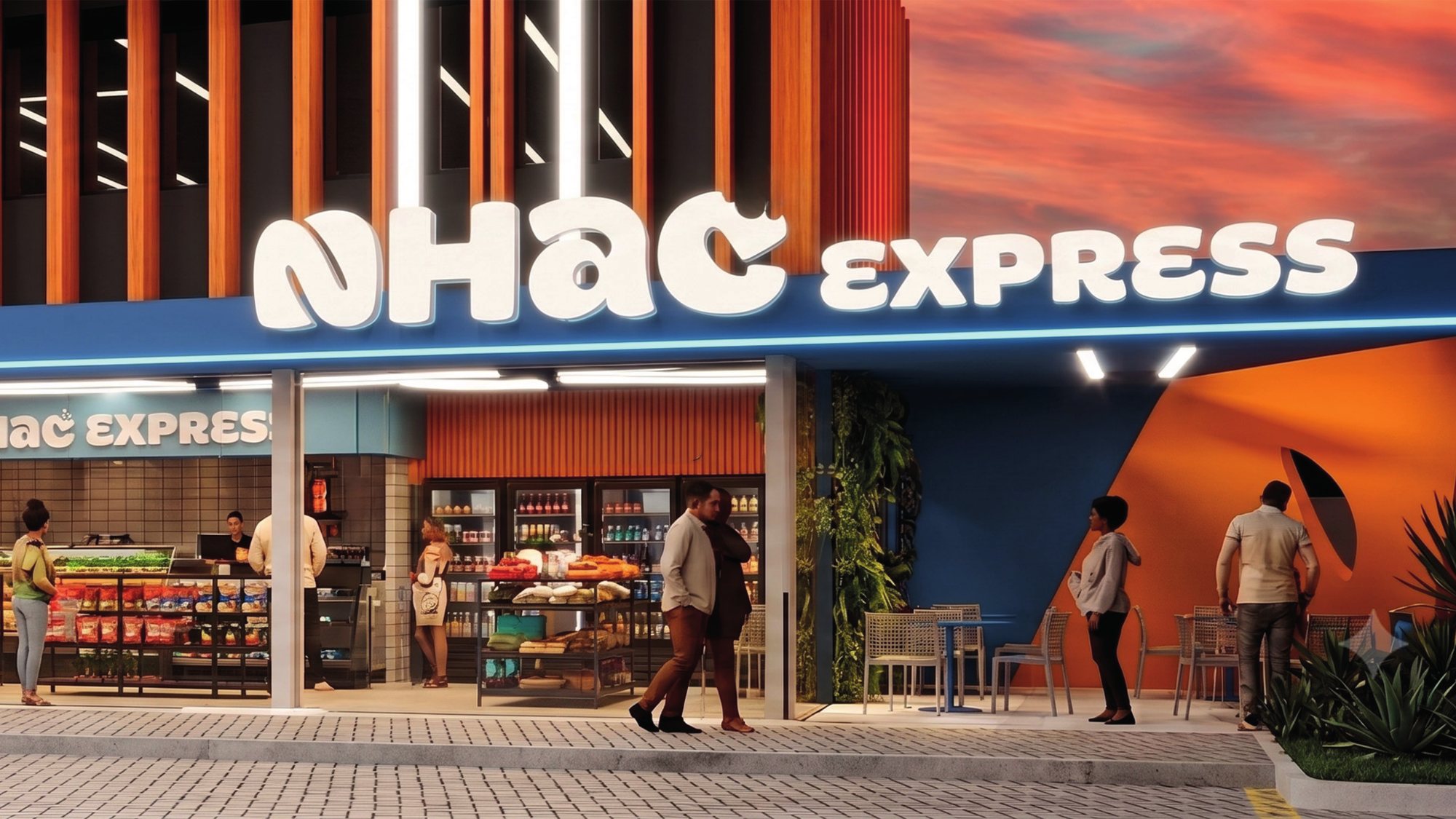 Fachada da loja Nhac Express ao entardecer, com letreiro luminoso e clientes na calçada