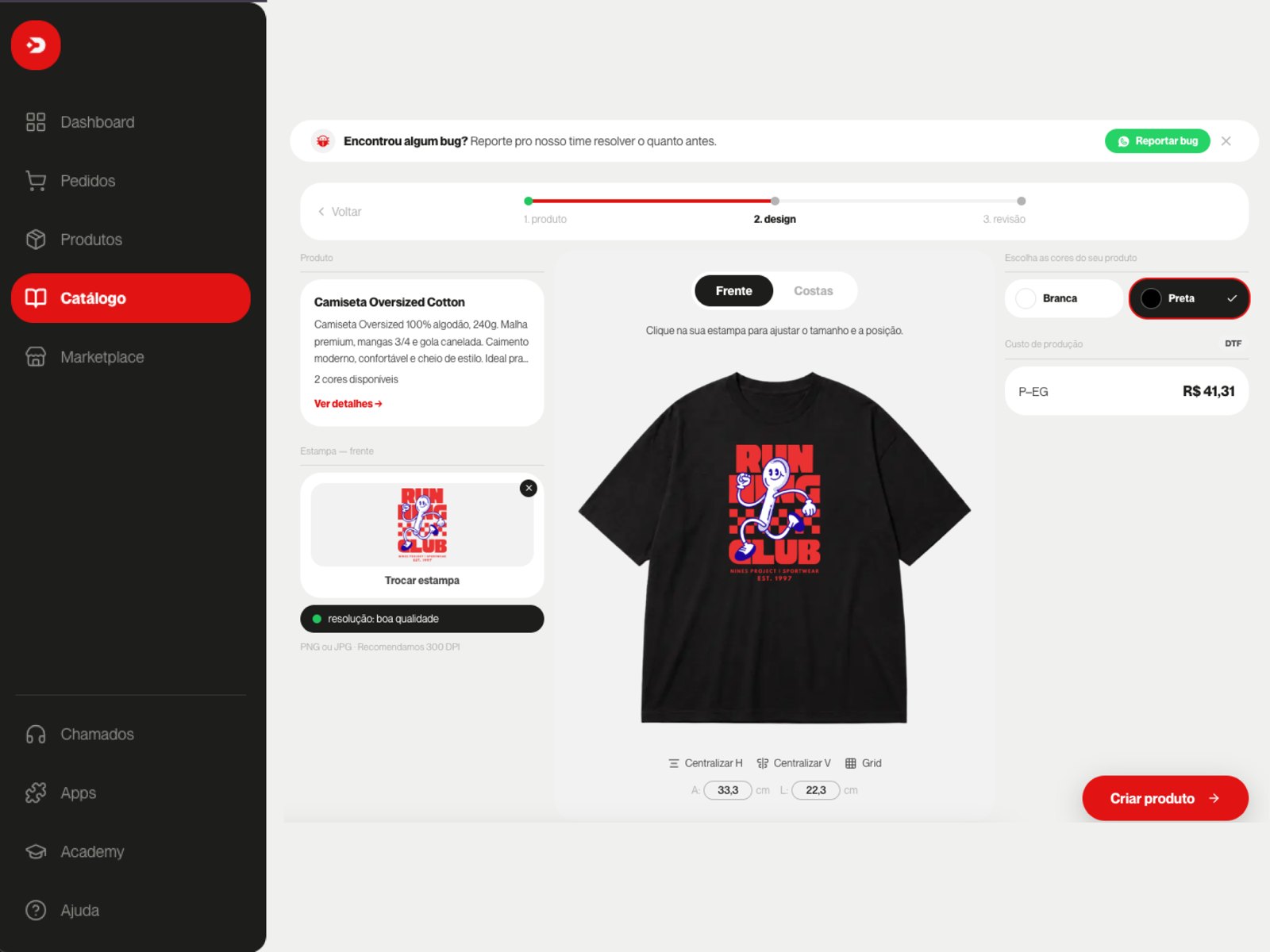 Editor de estampa da YouDraw com a arte Run Club aplicada