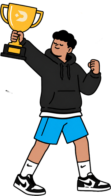 Ilustração de criador erguendo um troféu com o símbolo YouDraw