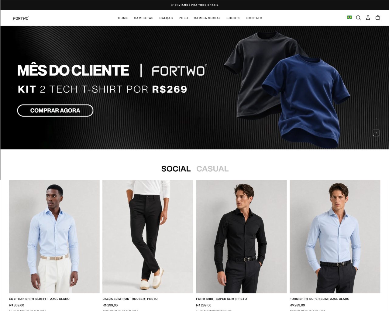 Fortwo: Moda masculina com troca entre Social e Casual em um clique e parcelamento visível na grade.