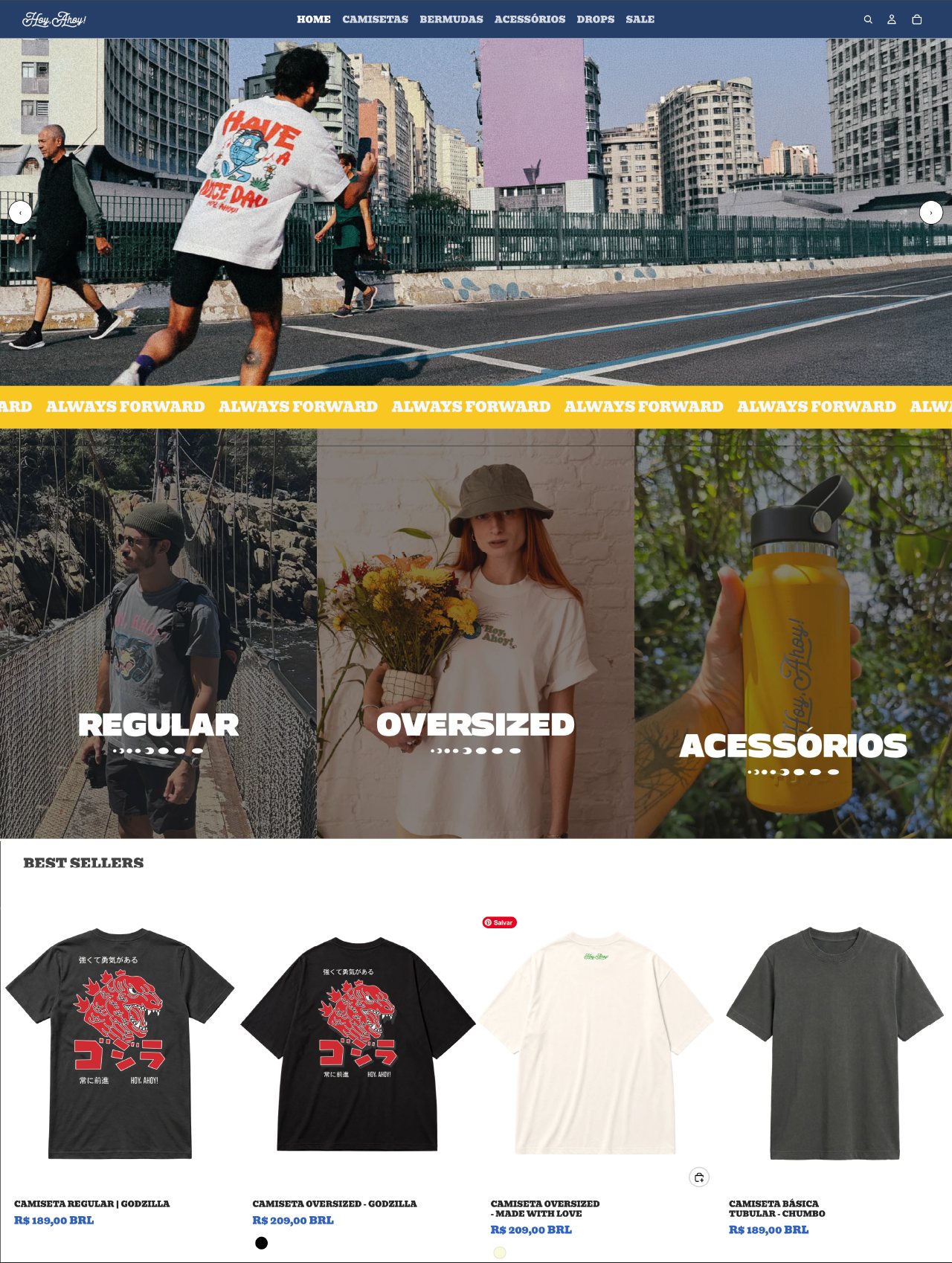 Hoy Ahoy: Loja de streetwear com catálogo organizado por caimento, faixa de campanha e best sellers na primeira dobra.