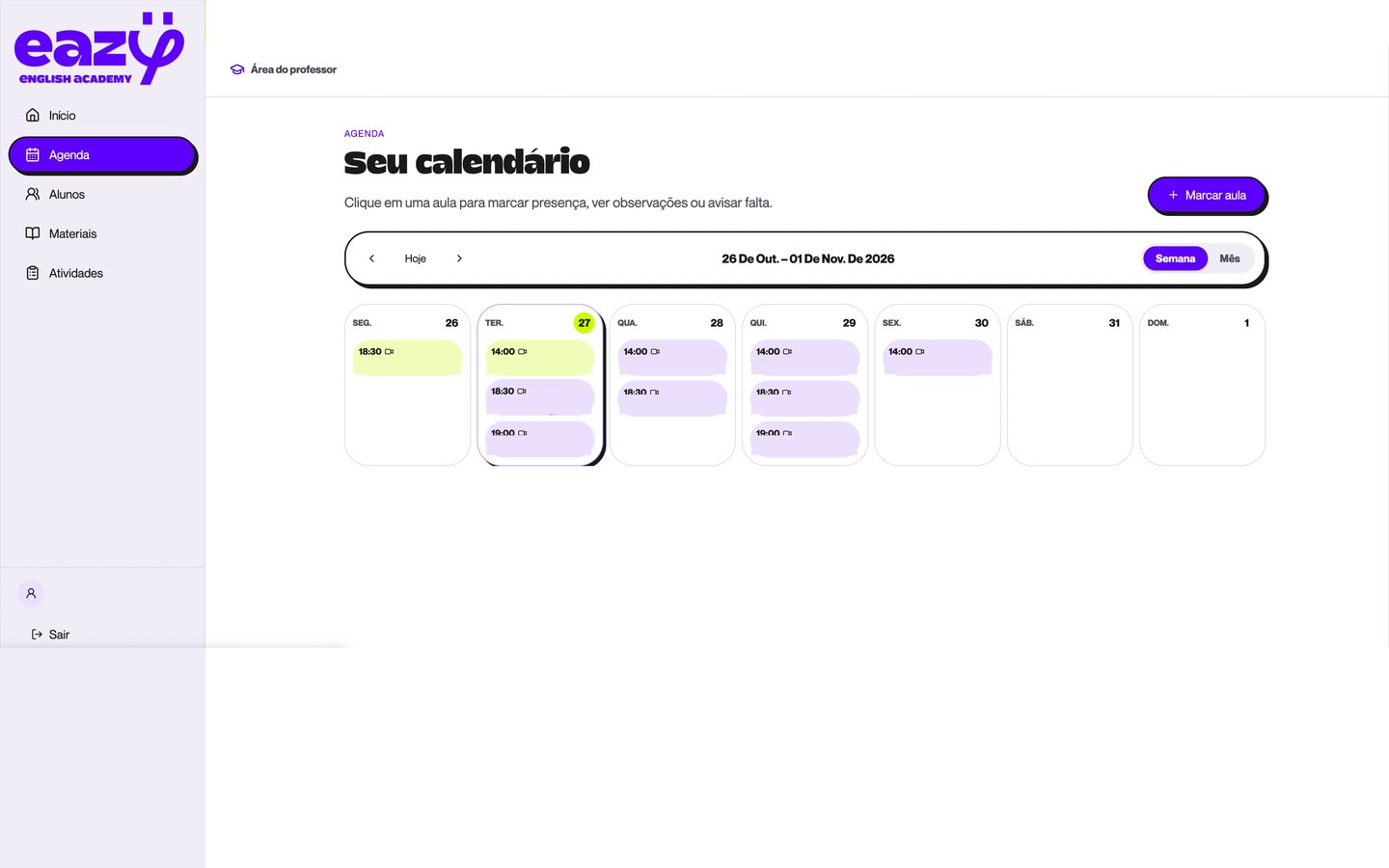 Eazy English Academy: Agenda de aulas, presença, reposições, biblioteca de materiais e atividades, para professor, aluno e administração.