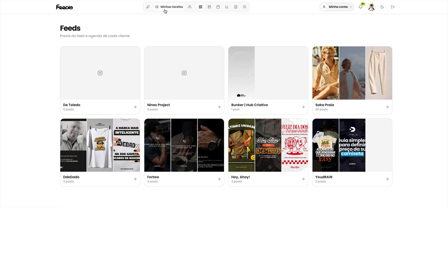 Feedo: Kanban por cliente, calendário editorial, prévia do feed e aprovação do cliente no próprio post.