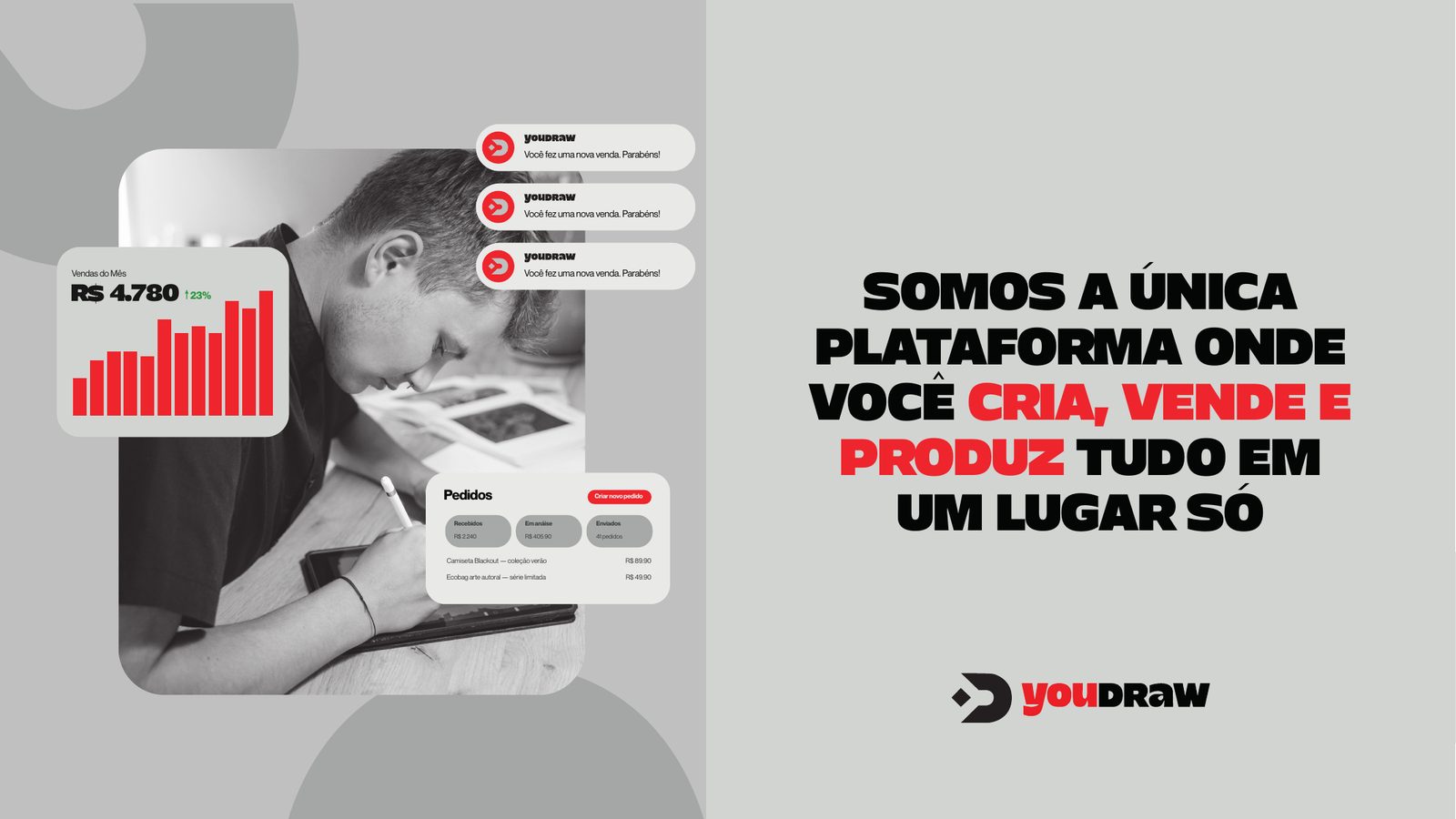 Peça com dashboard de vendas e a frase Somos a única plataforma onde você cria, vende e produz tudo em um lugar só
