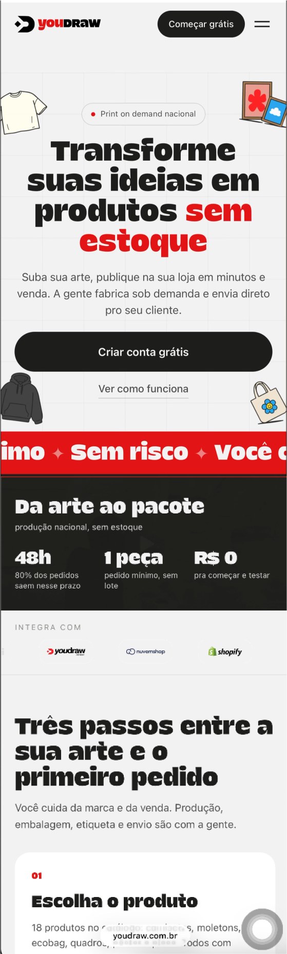 Site mobile da YouDraw: Transforme suas ideias em produtos sem estoque