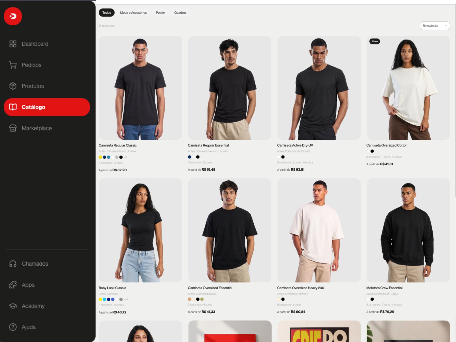 Catálogo do app YouDraw com menu lateral escuro e grade de camisetas