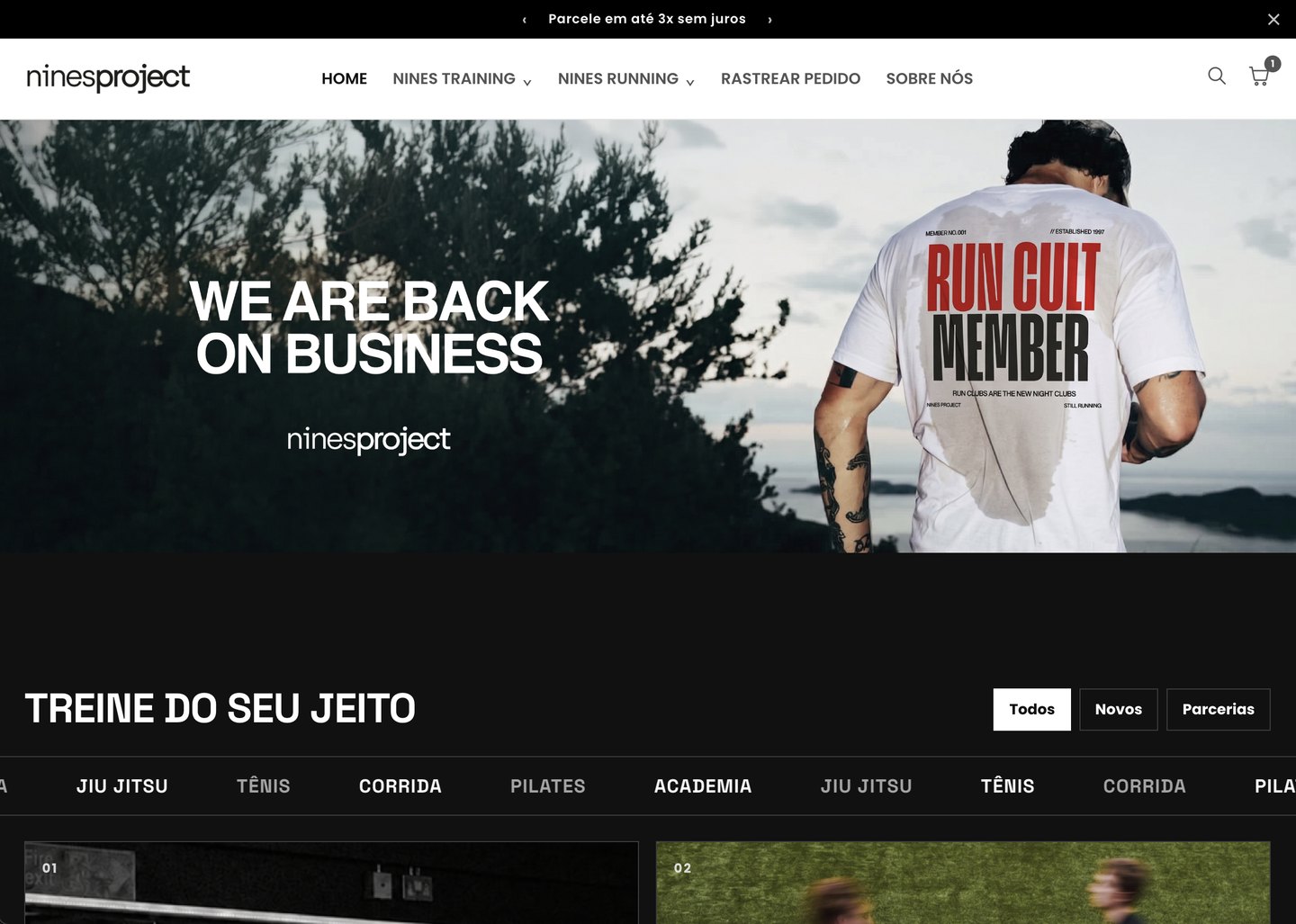 Nines Project: Loja própria com as linhas Training e Running, vitrine por modalidade e parcelamento em 3x sem juros.