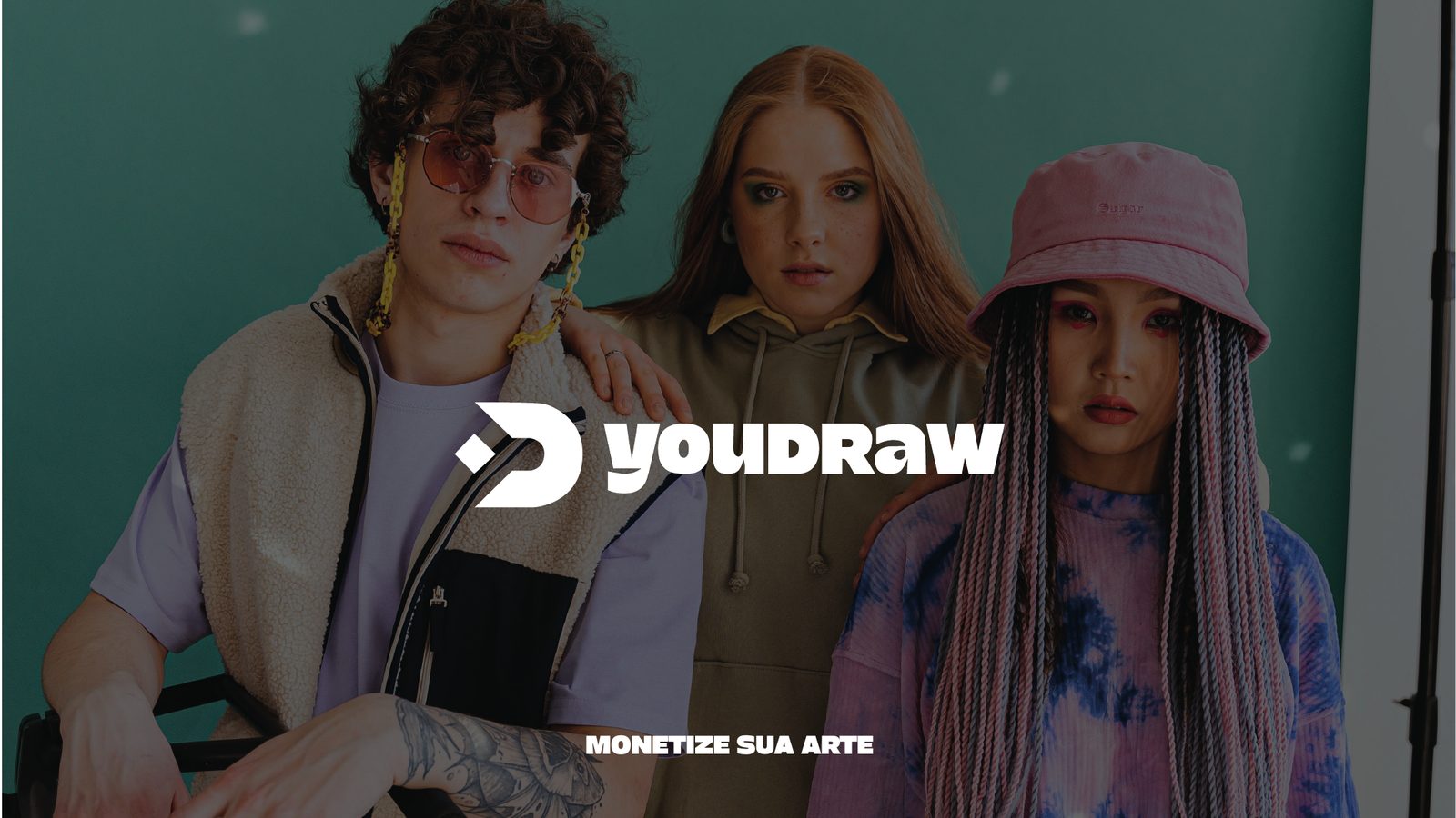 Dois jovens com roupas coloridas e a assinatura YouDraw em branco com a frase Monetize sua arte