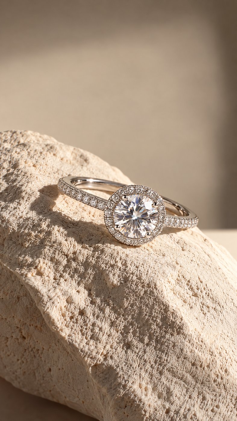 Anel solitário com halo de moissanite em prata sobre pedra calcária